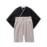 YUEGUANG ベビー 着物 和装 カバーオール 袴風 赤ちゃん ロンパース 綿100% 和装フォーマル 男の子 女の子 記念日 お誕生日　七五三　桃の節句　お祝い (ブラック, 90cm)