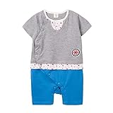 【MINI MAM】 半袖 綿 ドット柄 ロンパース 男の子 女の子 男女兼用 ベビー 赤ちゃん 80cm 灰色 黄色 肌色 マリン風 ズボン トップス (グレー)