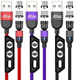 (株)アトラス マグネット充電ケーブル 2m x 3本 セット (赤 黒 紫 各一色) 2.4A 急速充電/マグネット端子 ：MicroUSB, Type-C/端子ケース付き/アンドロイド スマートフォン用