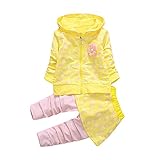 Karchi　女　幼児カジュアル　ファション　新品　子供　赤ちゃん　女の子　装飾花　フード付き　コートトップス+パンツスカート　服セット (110, 黄色い)