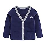 [LittleSpring] 子供 カーディガン 男の子 スクール ｖネック ニット 羽織 キッズ服 紺色 ネイビー 140