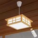 C-J-W LEDペンダントライト 和風 天然木製 6畳 リモコン付 和室照明 照明 天井 吊り下げ ledシーリングライト28W 無段階連続調光調色 昼光色 電球色 3200LM 豆球常夜灯モード メモリ機能 15分/30分/60分スリープタイマー 木目調 天井照明器具 寝室 リビング PSE認証済み 四角