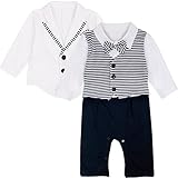 （アイム）iiniim　男児ベビー紳士ロンパースベビー服　長袖タキシード　燕尾コート付き　ストライプ　蝶ネクタイ　赤ちゃん服　誕生日　ベビーフォーマル服　お誕生日　日常身なり　パーティー　結婚式　お誕