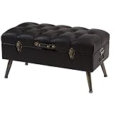 【座る＆片付くオシャレスツール】 収納できるスツールベンチ ボックススツール 古風な旅行かばんのようなデザイン オットマンとしても使える シャビ―加工 PUレザー (ブラック色)