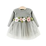 ワンピース 子供 ベビー 長袖 女の子 花柄 可愛い ベビードレス ガールズ ふわふわ チュール切り替え キッズドレス 七五三 出産祝い 通園 結婚式 (80, グレー)