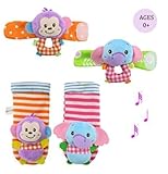 幼児赤ちゃんソフトぬいぐるみ4動物手首ラトルと足Finderソックスセットギフト最適早期教育開発おもちゃfor Boys and Girls – Elephant and Monkey