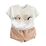 Cutelove 子供服 Tシャツ＆パンツ 上下セット シャツ 上着 女の子 真珠飾り 大きな目とまつげ柄 可愛い 半袖 ショートパンツ 夏 おしゃれ カジュアル