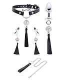 Tibemi首輪 人間 sm リード付き チョーカー 乳首クリップ アナルジュエリー 3点セット 乳首責め アナル 拡張アナルストッパー ニップルリング 乳首 オナニー 乳首攻め アダルトグッズ 女性男性用 smプレイ 金属製の彫刻ベルと優雅な流蘇が飾りsmグッズセット