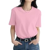 [Mmlnrc] Tシャツ レディース 半袖 [8.11オンス 綿100％ 厚手 透けない よれない]クルーネック 夏服 カットソー トップス 重ね着 丸襟 スポーツウェア カジュアル ゆったり 体型カバー 着痩せ おしゃれ 無地 快適 白tシャツ 黒tシャツ 春 夏 秋 (JP, アルファベット, S, 標準, ピンク)