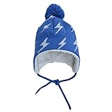 秋と冬用の心地よい赤ちゃん用のニットビーニー帽子。耳のフラップとチン・ストラップ付き (M: 6-24ヶ月, ライトニングボルト)