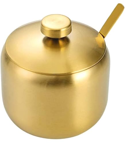 10.5oz Gold Stainless Steel Sugar Bowl With Lid & Spoon - Drum Shape, Glass Lid, 300ml - View #3