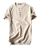[Ｍｉｎｅｓａｍ] リネンシャツ メンズ リネン コットン 綿麻 紐 ボタン カジュアルシャツ 重ね着 半袖 無地 Tシャツ ヘンリーネック 夏 シンプル (3ボタンカーキ,XL)