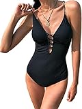 [ISLAYCAOLILA] モノキニ 水着 編み上げ オープンバック スイムドレス ワンピース ストリングス パッド入り ワイヤーなし ビーチ レディース D37 ウリカ (M, ブラック)