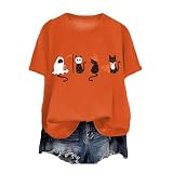 [Yidaify] ハロウィン tシャツ レディース おしゃれ 人気 ティーシャツ 丸首 大きいサイズ 半袖tシャツ ゆったり かわいい ネコ 猫柄 トップス 大人 女性 ハロウィン 仮装 衣装 プルオーバー コスチューム コスプレ 学園祭 文化祭(オレンジ,S)