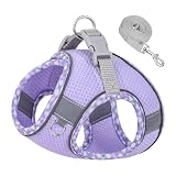 grooblue 犬 ハーネス リードセット 小型犬 中型犬 猫用 通気メッシュ 抜けない 軽量 着脱簡単 引っ張り防止 反射付き 調整可 散歩用 かわいい おしゃれ (パープル＆チェック S)
