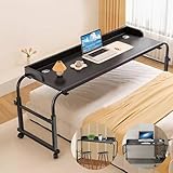 WOWQ ベッドテーブル キャスター付き 昇降式 高さ調整55-85cm 横幅調整140-200cm ベッドサイドテーブル オーバーベッドテーブル 介護テーブル リモートワークパソコンデスク pcデスク移動はスムーズ 机の幅は広い スタンディングデスク 勉強机 サイドテーブル コード用の穴/衝立があり 黒