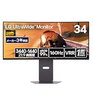 LG UltraGear ゲーミングモニター 34G600A-BAJP 34インチ 曲面 21:9 WQHD 160Hz HDR FreeSync Premium対応