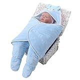 Shineflow 新生児　赤ちゃん　おくるみ　ブランケット　ベビー　寝袋　寝かしつけ　足つき　ふわふわ　防寒　秋冬　 (90x90cm, ブルー)