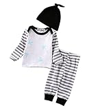 ベビー服　男の子 女の子 長袖 スワロー プリントパーカーとストライプ パンツアウトフィット + 帽子 (100(18-24M), ホワイト)