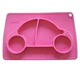 Kuke ピンク　防水シリコン　吸盤付き　強い吸着力　かわいいカー形プレート　遊び食べ 離乳食 ベビー食器　ランチ皿　お食事マット　赤ちゃんミニマット　子供食器ベビー用品