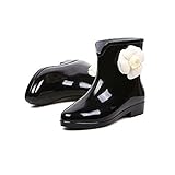 【ノーブランド品】 美脚 ショート レイン ブーツ / 可愛い 花 レイン ガーデン シューズ 雨靴 長靴 レディース (36(~23.0㎝), ブラック)