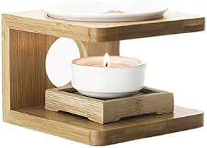 Amazon Hamilo 茶香炉 アロマ 香皿 ろうそく 竹製台座 陶磁器 リラクゼーション アロマオイル ナチュラルウッド 置物 オブジェ オンライン通販