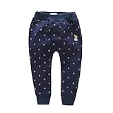 PANCY 子供服 秋冬 長ズボン ロングパンツ くま 刺繍 男の子 女の子 韓国風 錨柄(120cm,ネイビー)
