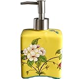 tonntyann セラミック ソープ・シャンプー用ディスペンサー ポンプ式 バスルーム 洗面台 おしゃれ 320ml 花鳥紋 (イエロー)