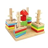 ノーブランド品 木製パズル　５本の柱　幾何学　スタッキング形状　マッチング　積み木　赤ちゃん　多彩　贈り物
