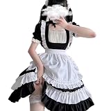 [AOTYP] メイド服 メイドコスプレ コンカフェ 衣装 半袖 ショート丈 猫耳 カチューシャ付き エプロン レディース ロリータ ハロウィン 仮装 女装 メイド喫茶 オタクダンス 学園祭 撮影 ブラック XL