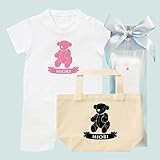 出産祝い 名前入り ギフトセット / ショート ロンパース & トートバッグ [GP387] 70cm [Rom]ホワイト×ピンクロゴ 出産祝い 誕生日 プレゼント おしゃれな 名入れ ギフト