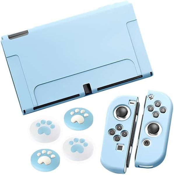 Switch OLED用カバー Swicth有機ELに対応用保護ケース 分離式ソフト保護シェル アナログスティックカバー4x猫爪肉球 可愛い 耐久性 TPU素材 キズ防止 軽量薄型 アクセサリー (ブルー) - 1