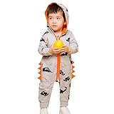 Fheaven (TM) 幼児 男の子 女の子 ロンパース 長袖 恐竜 ジッパー フード付きジャンプスーツ カバーオール 6-12 Months グレー