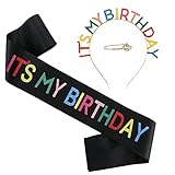 HUAZONTOM 誕生日 王冠 たすき ブローチ 3点セット 「IT`S MY BIRTHDAY」 パーティーグッズ 誕生日カチューシャ パーティーハット バースデー 飾り ブラック 「わたしの誕生日」