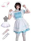 [MINCOS] メイド服 コスプレ ハロウィン 豪華12点セット 猫耳 コンカフェ メイド喫茶 衣装 （水色L）