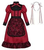 [ReliBeauty] 洋館メイド キッズ コスプレ ハロウィーン 仮装 子供 女の子 メイド服 プリンセス ドレス ワンピース コスチューム クリスマス 誕生日 プレゼント レース付 カチューシャ セット レッド ブラック 150