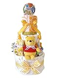 おむつケーキ ディズニー くまのプーさん 新生児肌着セット＆ベビーグッズ付き 3段 男女兼用 (パンパースSサイズ（28枚入り）)