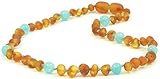 Raw Amber Necklaces for Baby made with Aquamarine Beads - 12.6 Inches (32 cm) - Baltic Amber Land -