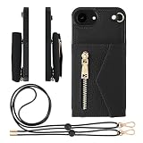 HANATORA for iPhone 17e 16e ケース ショルダー 本革 シュリンクレザー 耐衝撃 スマホケース スマホ ショルダーストラップ 付き ファスナー スマホショルダー カバー カードポケット カード収納 小銭入れ ブラック BPCGZ-16e-Black