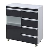 ワゴン レンジ台 可動棚 鏡面カウンターワゴン 扉収納　80cm幅 サイズ：ブラック