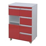 台所収納 食器棚 可動棚 鏡面カウンターワゴン 扉収納　60cm幅 カラー：レッド