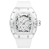 KIMSDUN スケルトンスポーツウォッチ、防水、アナログクォーツ日付カレンダー腕時計、透明トノーケースカジュアルウォッチ、シリコンストラップメンズユニ。, ホワイト-ホワイト。