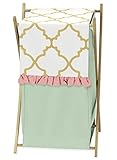 Sweet Jojo Designs Clothes Laundry Hamper for Ava Mint Coral White and Gold Trellis Girls Bedding Co
