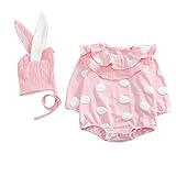 POTOJP 可愛い ウザギ 女の子 キッズ ベビー服 ベビースーツ ボディスーツ カバーオール ジャンプスーツ 長袖 ドット連体服 ロンパース 秋 普段着 カジュアル 帽子 2点セット (73, ピ