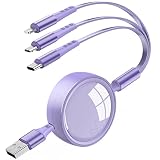 充電ケーブル 巻き取り 3in1 USBマルチケーブル 3イン1 充電コード 3台同時給電可能 USB Type C ケーブル Micro USB ケーブル iPhone Android タイプC 等全機種対応 1.2m ムラサキ