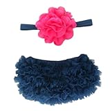 Ruffle Bloomer & Lace Flower Infant Headband Set, Newborn Baby Girl, Navy Blue & Hot Pink by Couture
