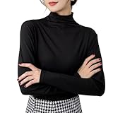 [EAXGO] 【立つ×肌隠し！】ハイネック インナー レディース 長袖 トップス【重ね着風・着痩せ・着映えるこなれ感】ハイネックtシャツ 長袖tシャツ タートルネック クルーネック tシャツ･カットソー 無地 きれいめ おしゃれ 初春 (ブラック)