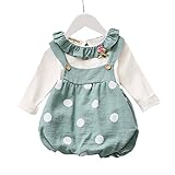 YUEGUANG 子供ドレス ワンピース ブラウン 二点セット 女の子 吊りスカート ドット柄 可愛い 春夏 ベビー ドレス 水玉柄 ベビー 長袖 赤ちゃん 入学式 出産祝い (80cm, グリーン)
