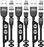 (株)アトラス マグネット充電ケーブル 1m x 3本 セット (黒) 2.4A 急速充電/マグネット端子 ：MicroUSB, Type-C/端子ケース付き/アンドロイド スマートフォン用
