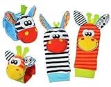 Abikaの赤ちゃんの学習Fun – 動物手首とSock RattleソフトDevelopmentalトイギフトセット4個 – Zebra & Giraffe